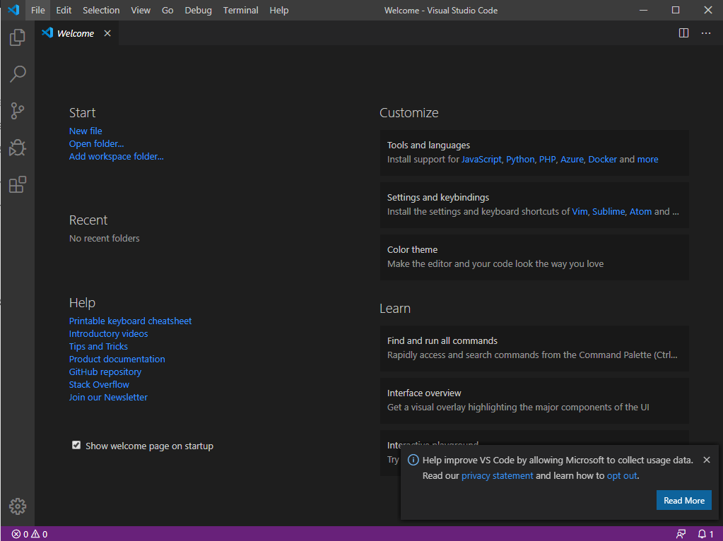 Open the freshly installed Visual Studio Code. You should see a similar window.