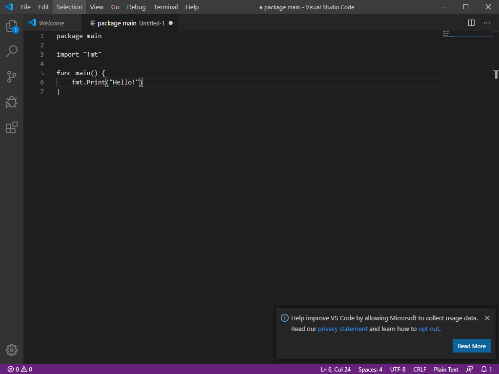 Create new file and write a simple Go program.