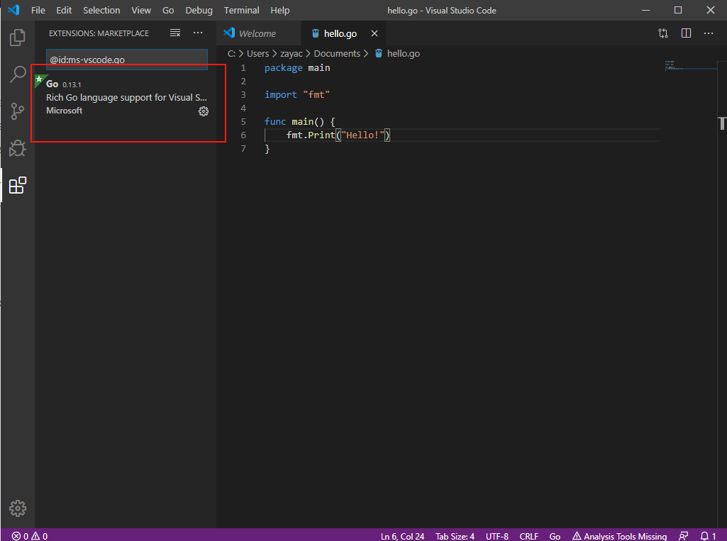 You will see 'Go' in 'Extensions' section once the installation is complete.