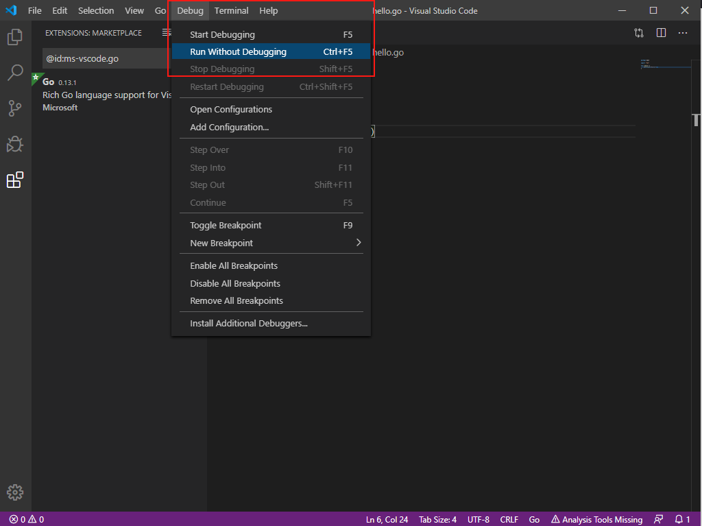Select 'Debug' -> 'Run Without Debugging' to compile and execute the program.