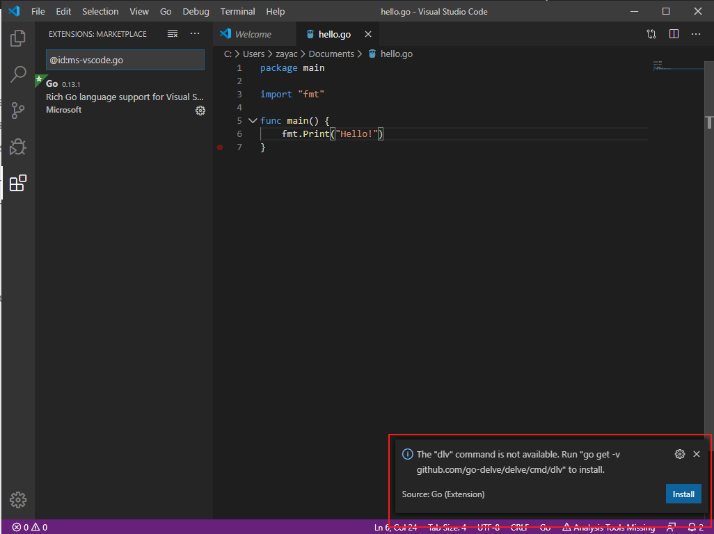 If Visual Studio Code complains about missing Go commands, click 'Install' to install them.