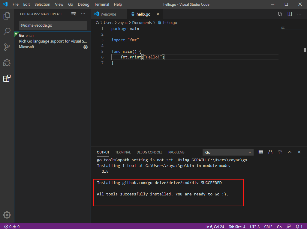 Once all dependencies are install, you will see the following message.
