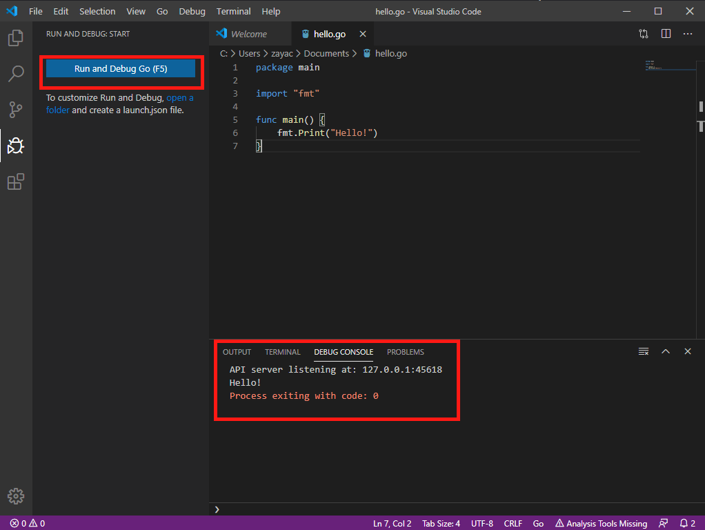 Click 'Run and Debug Go' or select 'Debug' -> 'Run Without Debugging' again to execute the program again. It should succeed this time.