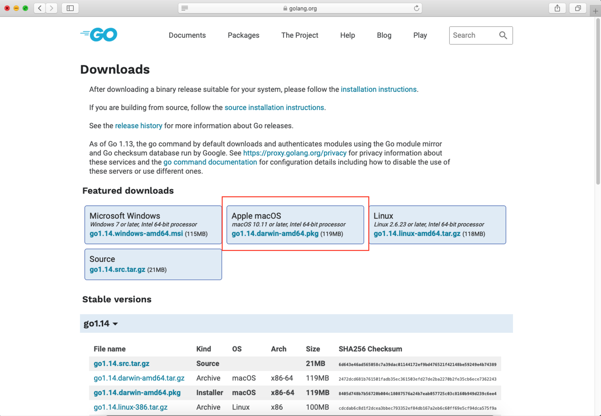 Download a Go installer for Apple macOS from https://golang.org/dl/.