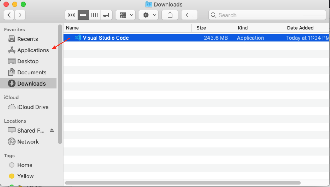 Move 'Visual Studio Code' from Downloads to Applications directory.