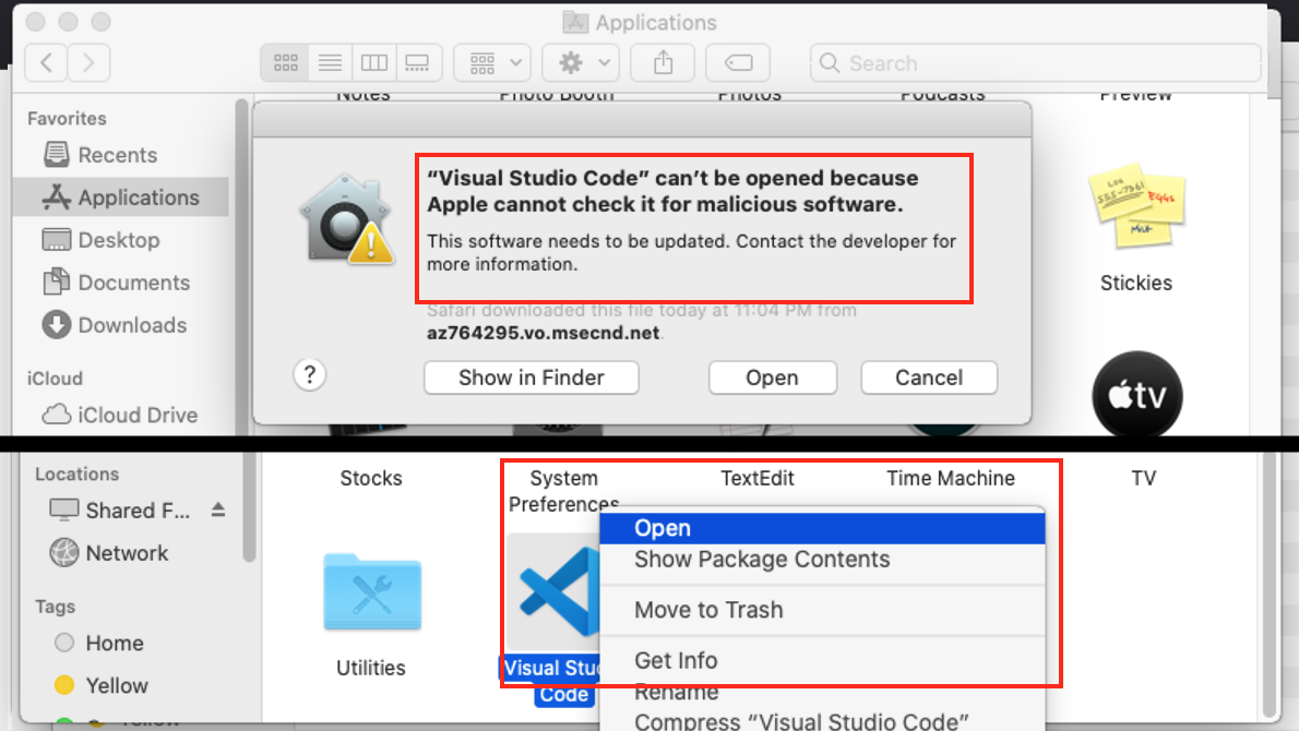 Try to open Visual Studio Code. If you get the error about malicious software, make a right-click with a mouse and select 'Open'.