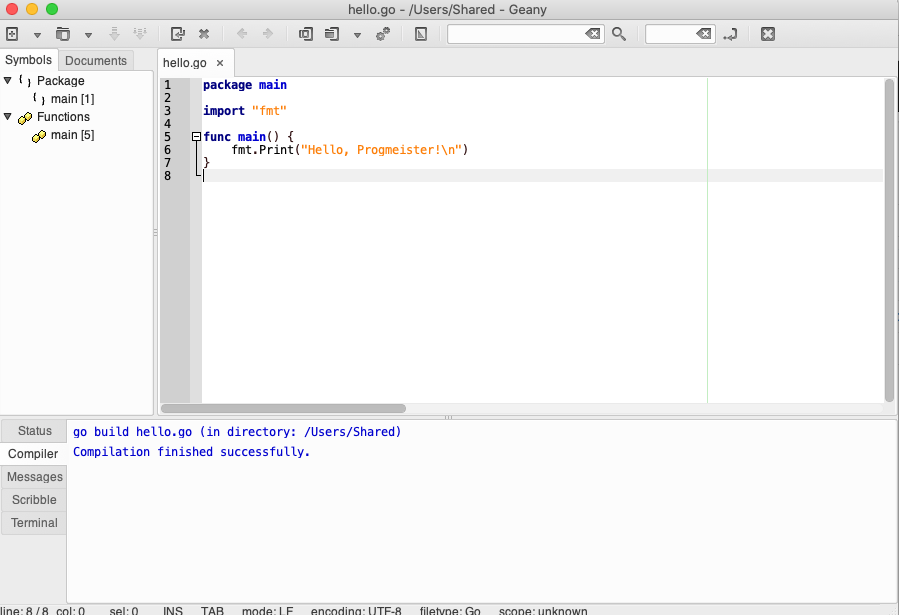 Write a sample program and save it in a file with .go extension.