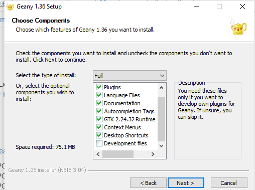 Leave the default installation components.