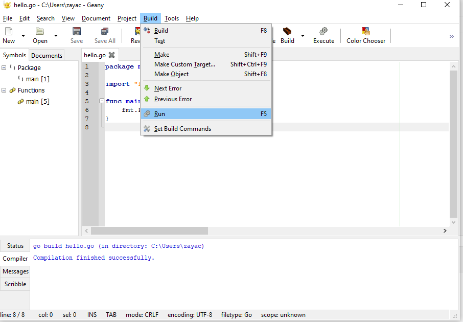 Select 'Build -> Run' to run the program.